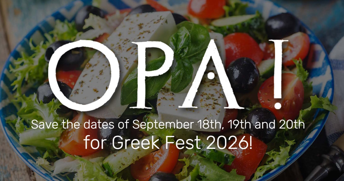 Save the date poster for Fresno Greek Fest 2026 in Fresno, California.