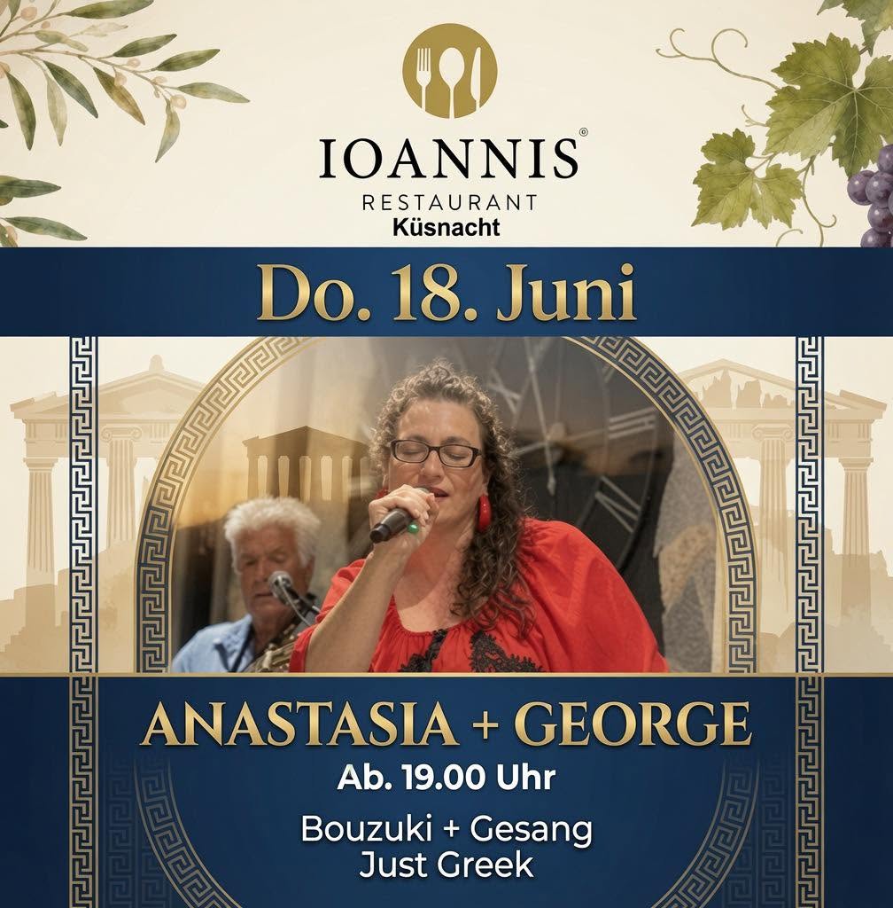 Anastasia and George performing live Greek music at Ioannis Restaurant in Küsnacht, Switzerland
