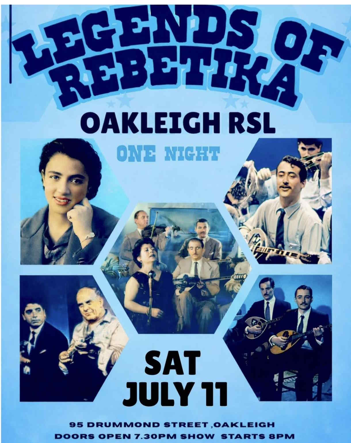 Legends of Rebetika live music event at Oakleigh RSL in Melbourne on July 11, 2026
