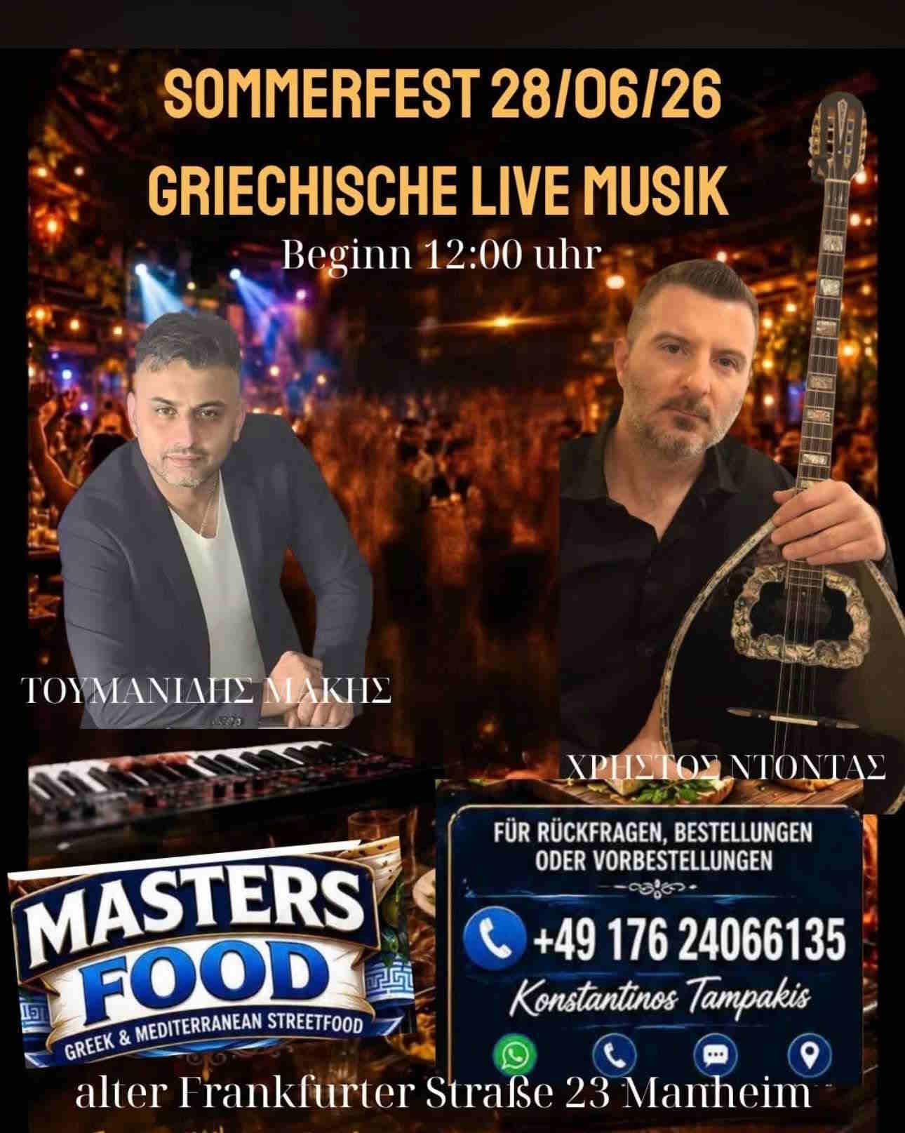 Poster for Masters Food Sommerfest in Mannheim on 28 June 2026 featuring live Greek music and Mediterranean street food.