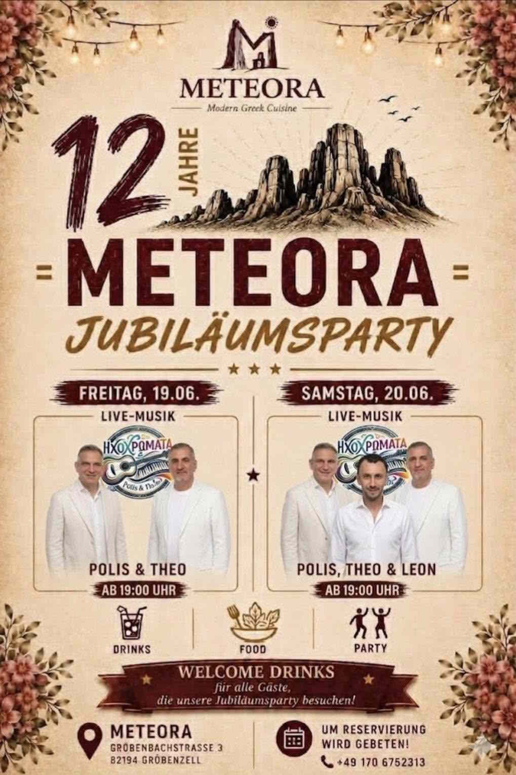 Poster for Meteora 12th Anniversary Party with live Greek music in Gröbenzell on 19–20 June 2026.