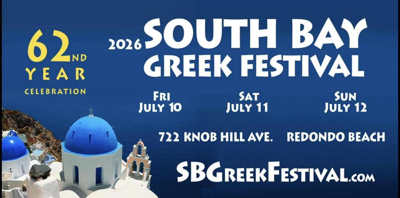 Poster for the 62nd South Bay Greek Festival 2026 in Redondo Beach, California.