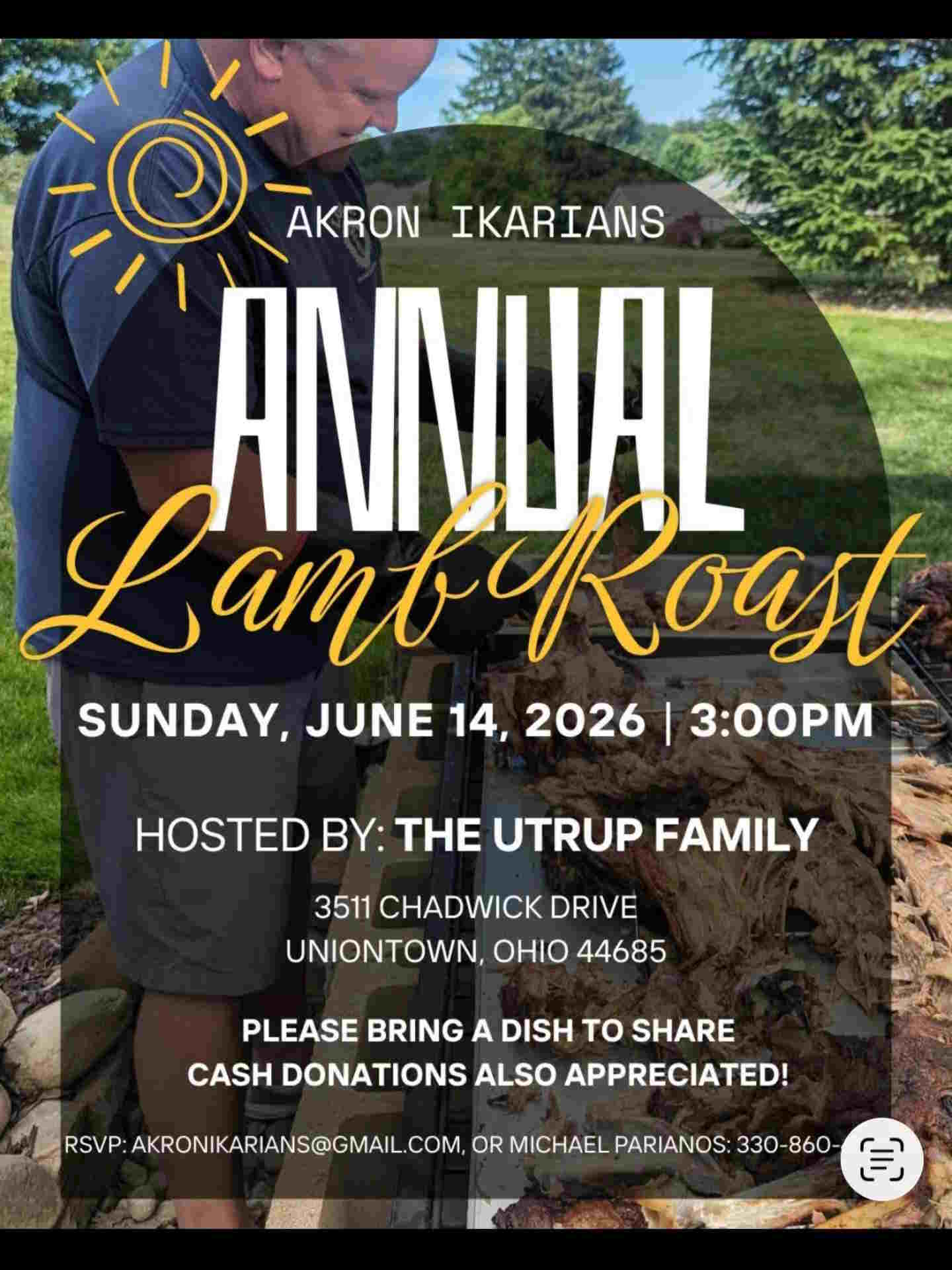 Akron Ikarians Annual Lamb Roast 2026 poster for Greek community event in Ohio.