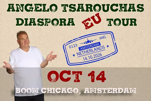 Angelo Tsarouchas Diaspora Tour 2026 poster for Amsterdam performance at Boom Chicago.