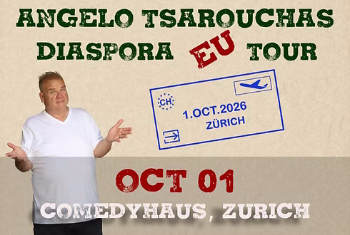 Angelo Tsarouchas Diaspora Tour 2026 poster for Zurich performance at ComedyHaus Switzerland.