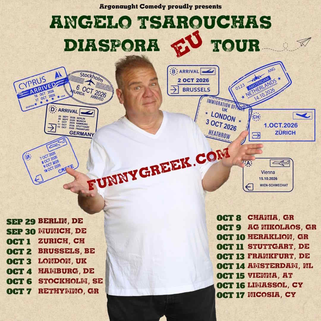 Angelo Tsarouchas Diaspora Tour 2026 promotional poster featuring European comedy tour dates.