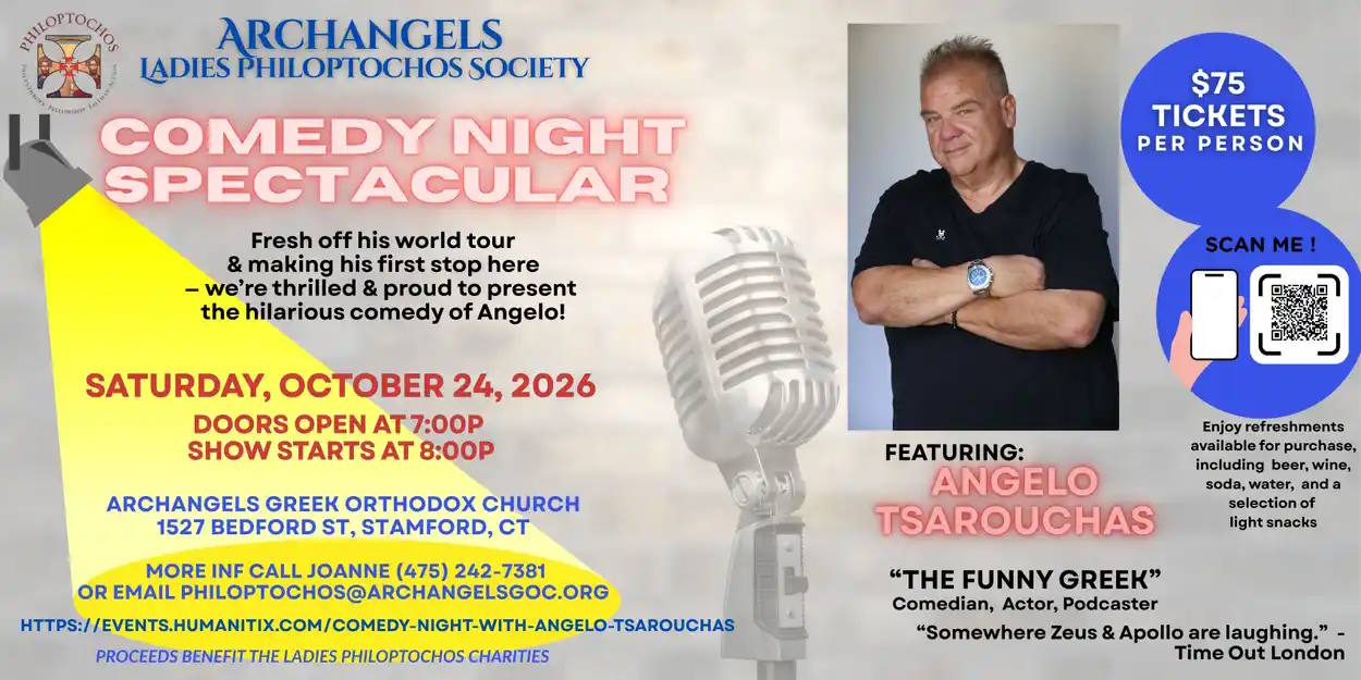 Comedy Night Spectacular poster featuring Angelo Tsarouchas live in Stamford.