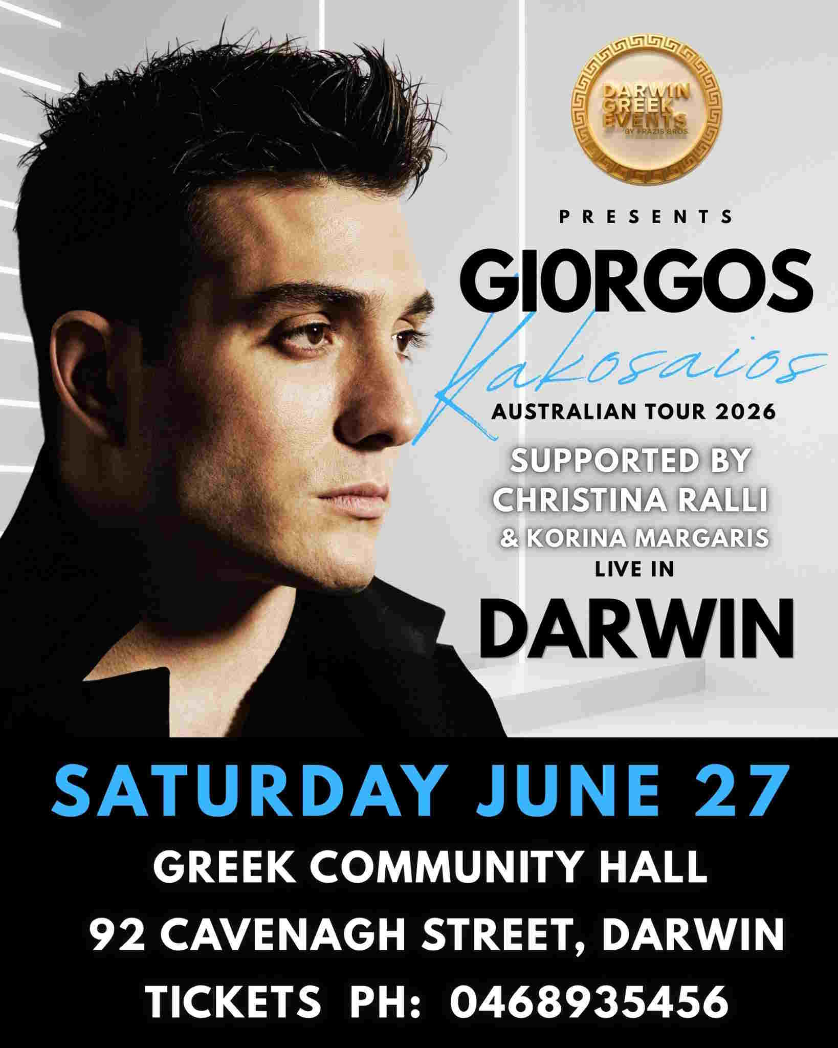Giorgos Kakosaios Australian Tour 2026 poster for Greek live music event in Darwin.