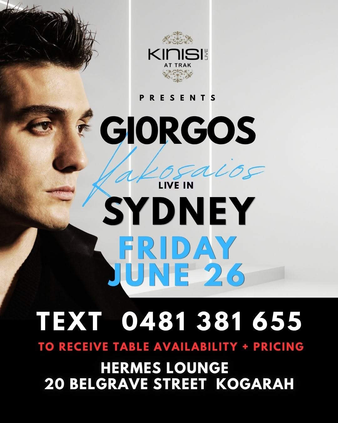 Giorgos Kakosaios live in Sydney 2026 event poster for Greek music night in Australia.