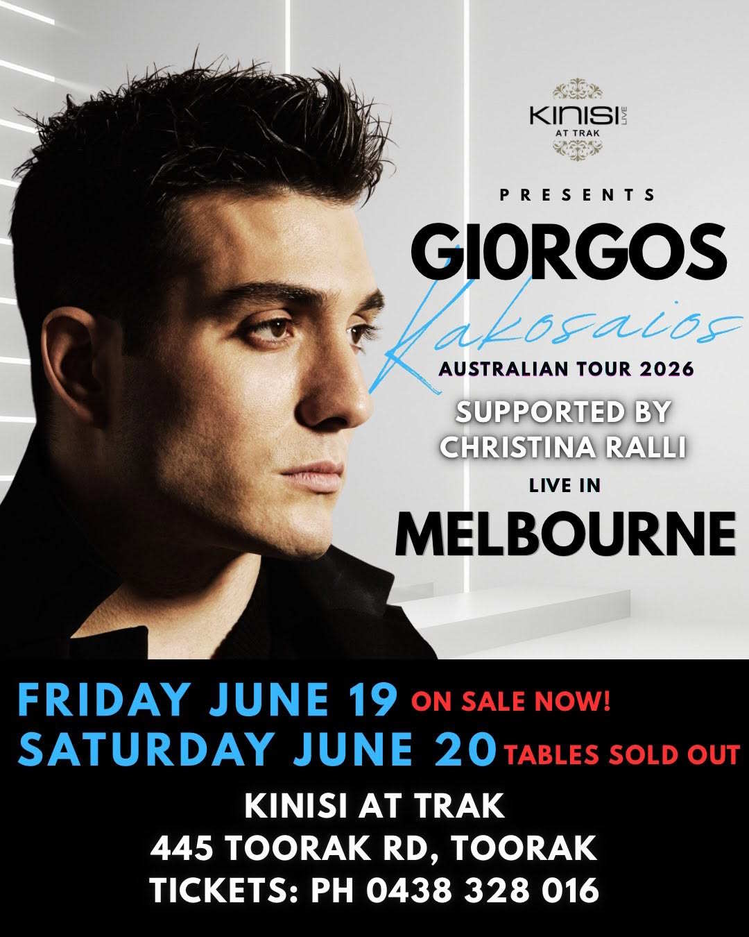 Giorgos Kakosaios Australian Tour 2026 poster for live Greek music event in Melbourne.