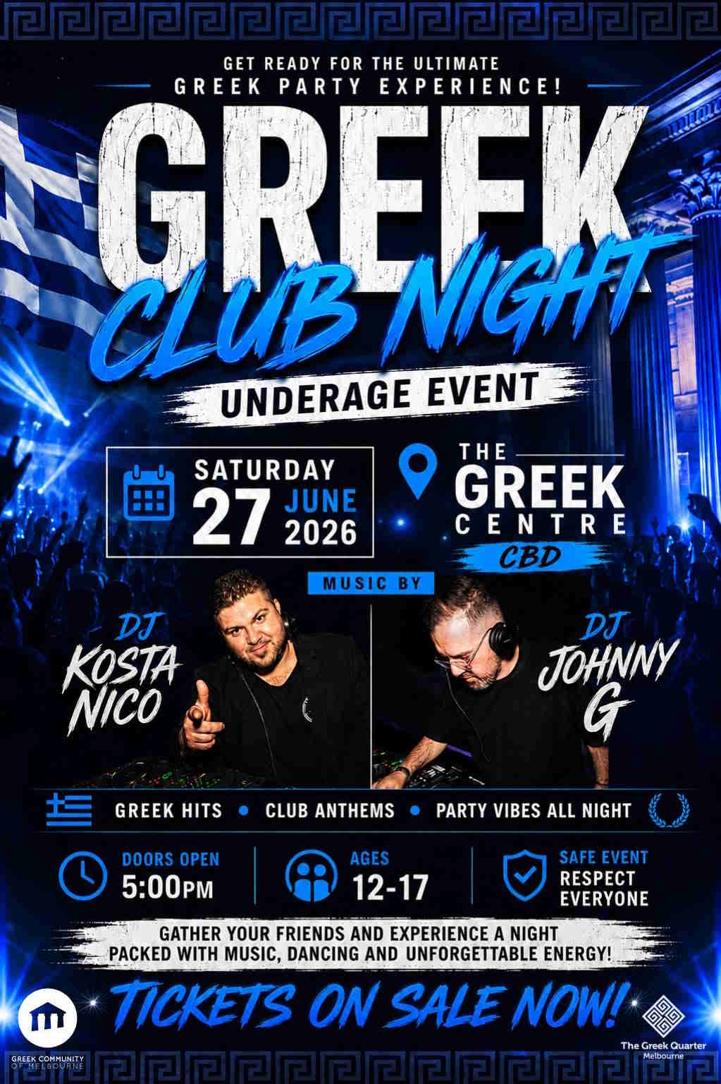 Greek Club Night poster for youth event in Melbourne, Australia.