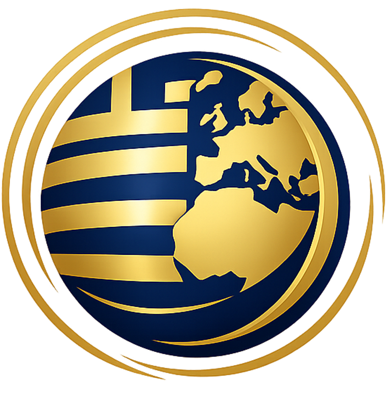 Minimal diplomatic globe logo inspired by Greek identity for embassy and consulate directory branding.