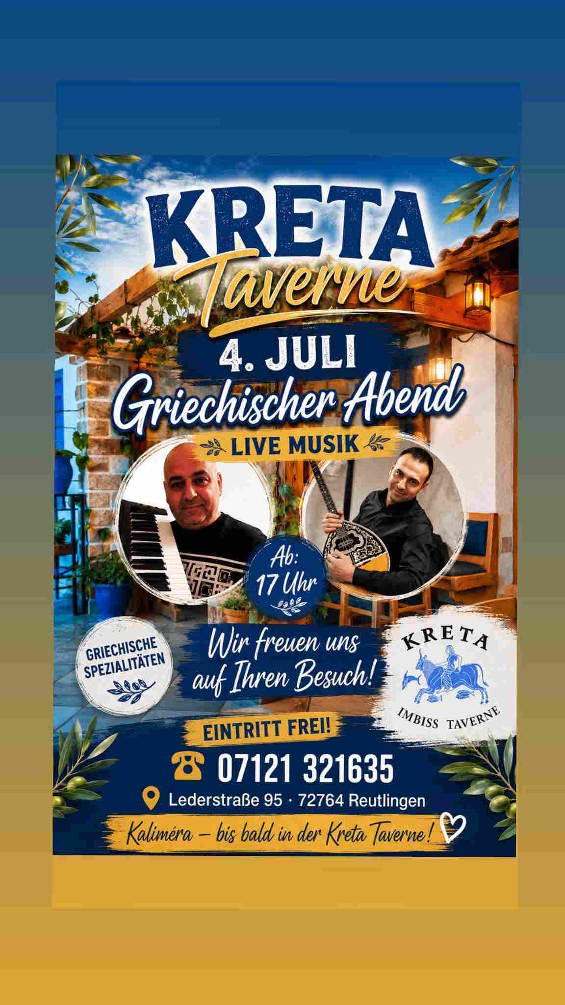 Poster for Greek evening with live music at Kreta Taverne in Reutlingen.