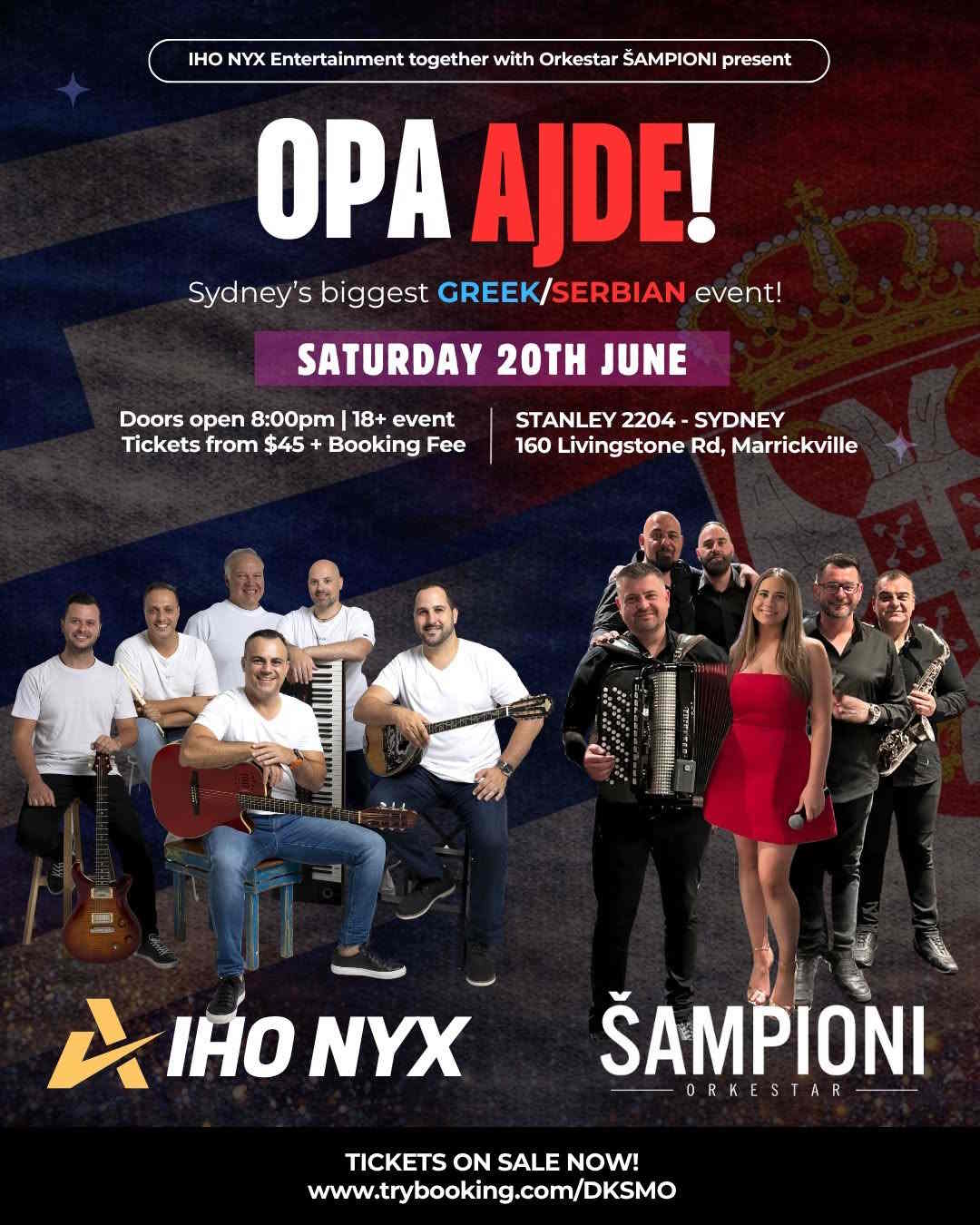 Poster for OPA AJDE! Greek and Serbian music event in Sydney, Australia.