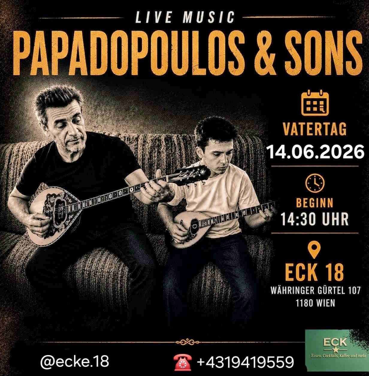 Poster for Papadopoulos & Sons Father’s Day live music event in Vienna.
