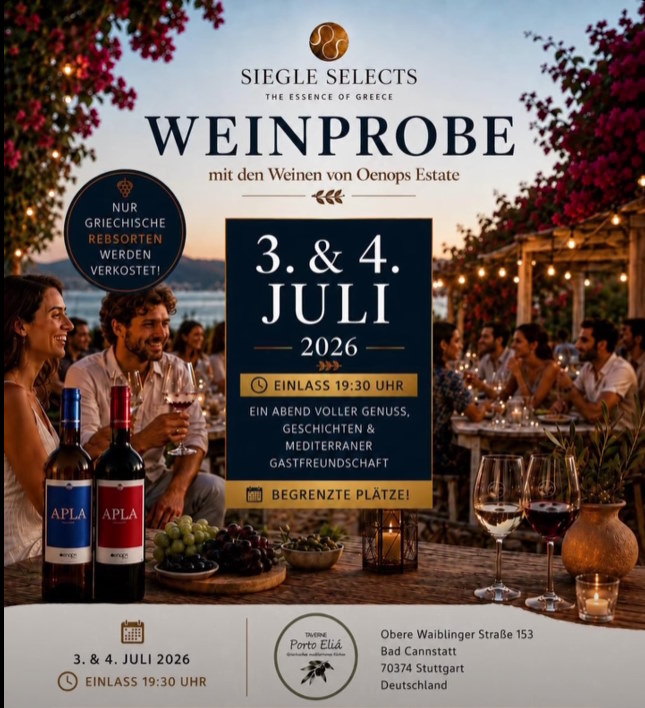 Porto Elia Stuttgart Greek wine tasting 2026 poster with Oenops Estate wines.
