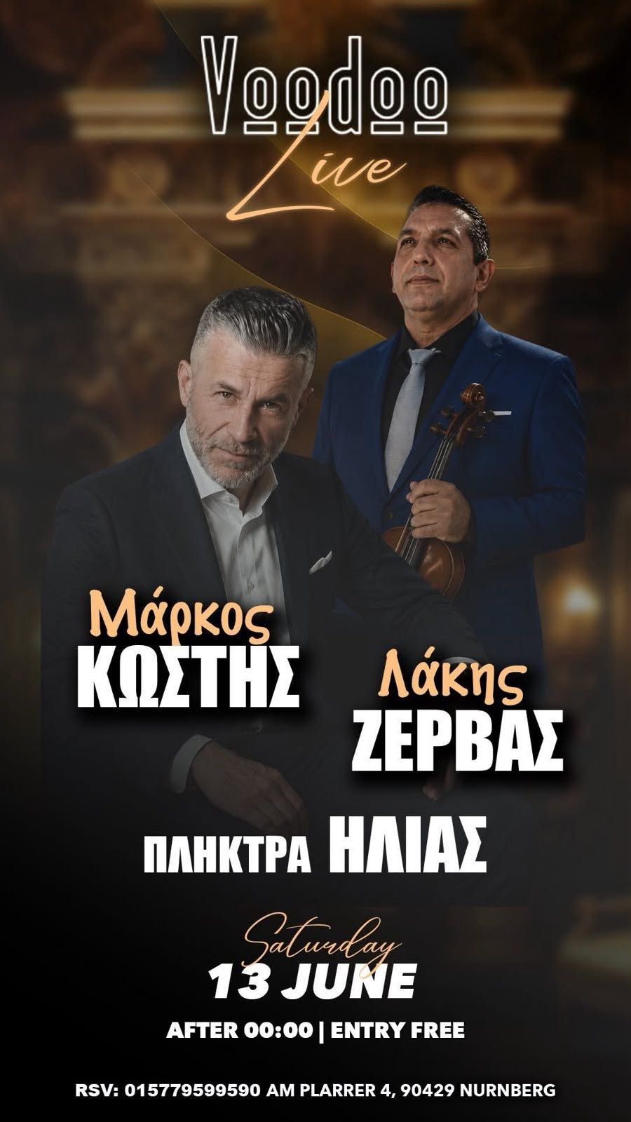 Poster for Voodoo Live Greek music event in Nuremberg, Germany.