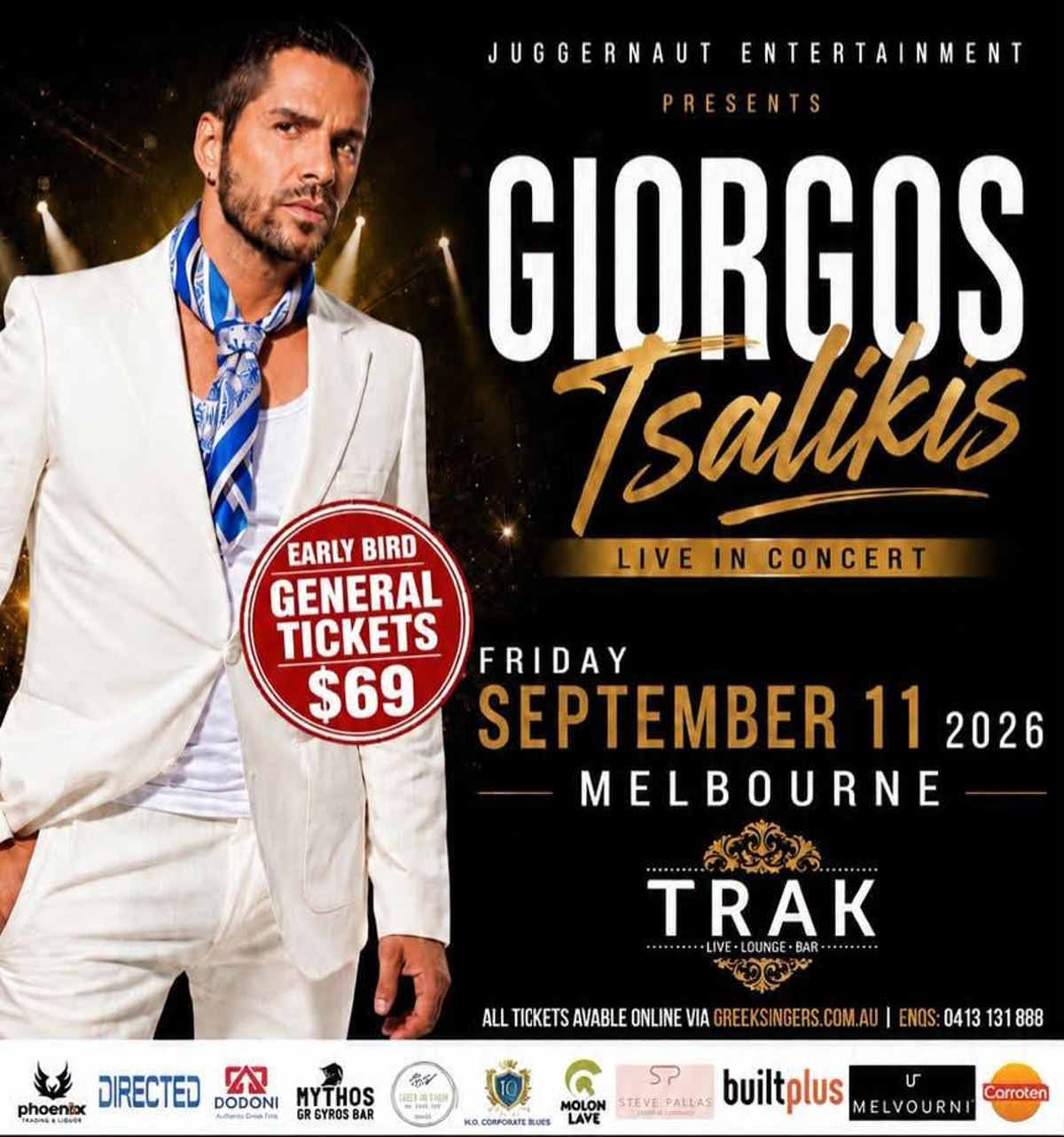 Giorgos Tsalikis live in concert at Trak Lounge Bar in Melbourne on 11 September 2026