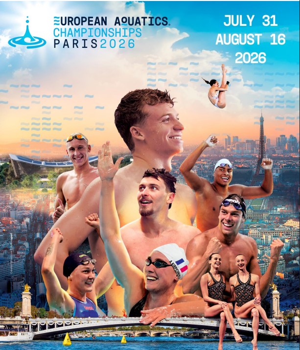 Official poster of the European Aquatics Championships Paris 2026 held from 31 July to 16 August at the Olympic Aquatic Center