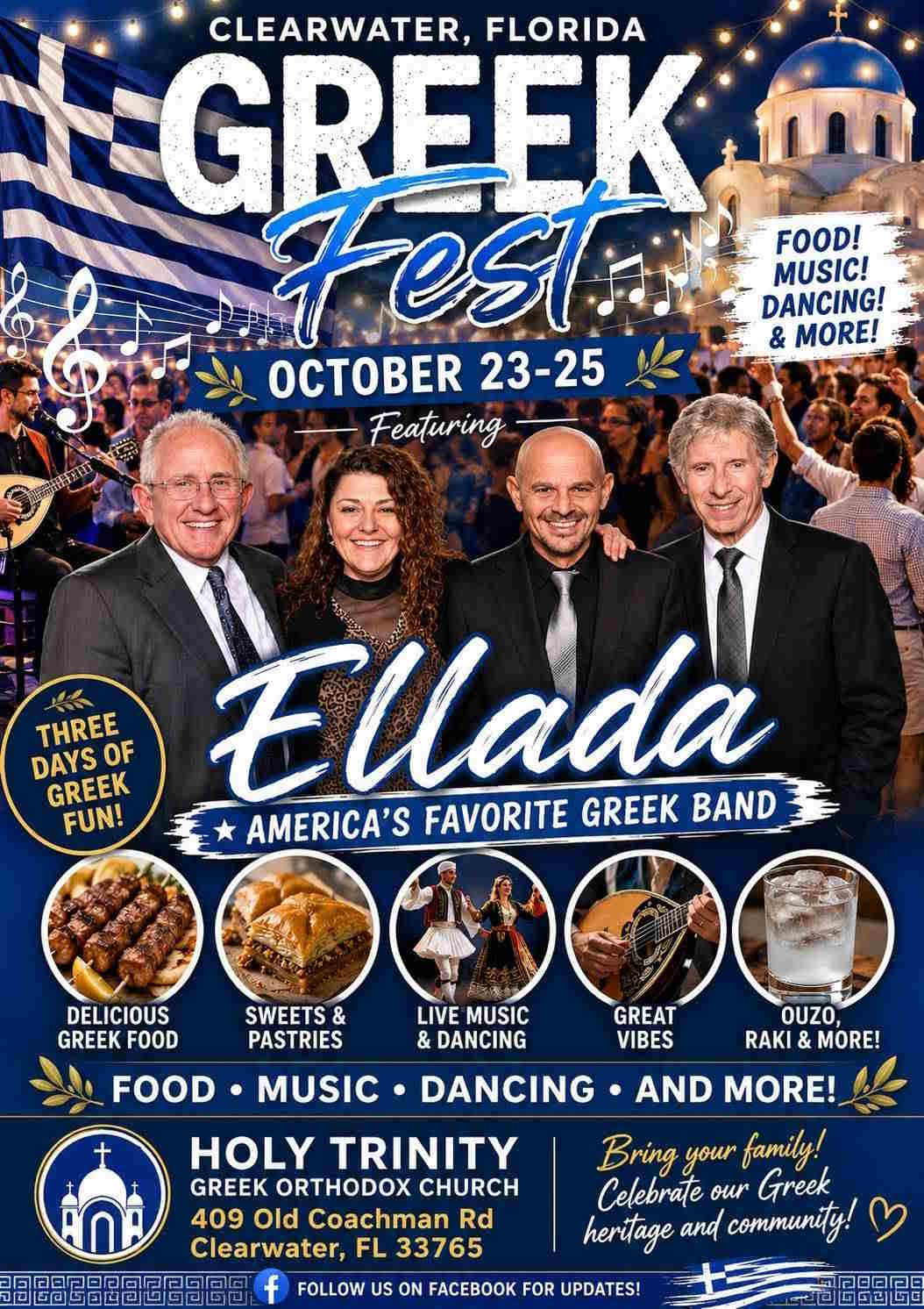 Poster for Clearwater Greek Fest 2026 at Holy Trinity Greek Orthodox Church in Clearwater, Florida.