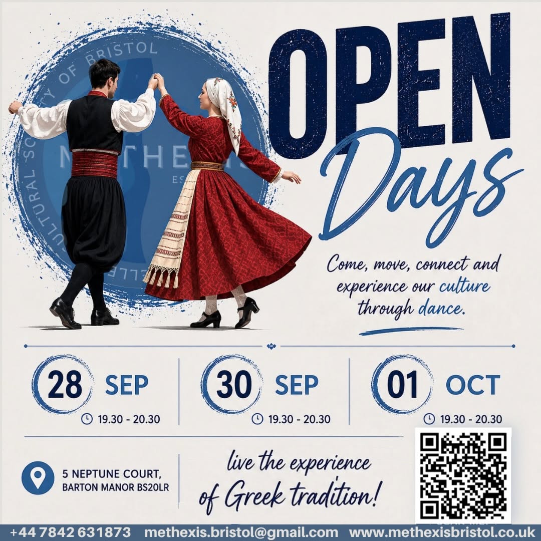 Greek Dance Open Days in Bristol with free traditional Greek dancing lessons from September 28 to October 1, 2026.