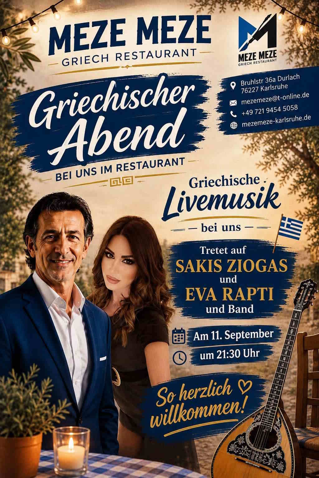 Poster for Greek Live Music Night with Sakis Ziogas and Eva Rapti at Meze Meze in Karlsruhe on September 11, 2026.