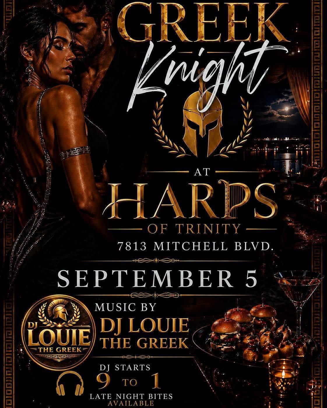 Poster for Greek Night at Harps of Trinity featuring DJ Louie the Greek on September 5, 2026.