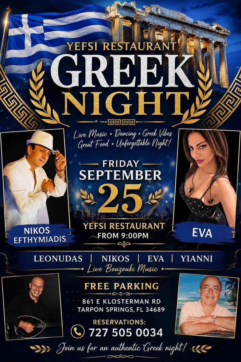Poster for Greek Night at Yefsi Restaurant in Tarpon Springs with live Greek and bouzouki music on September 25, 2026.