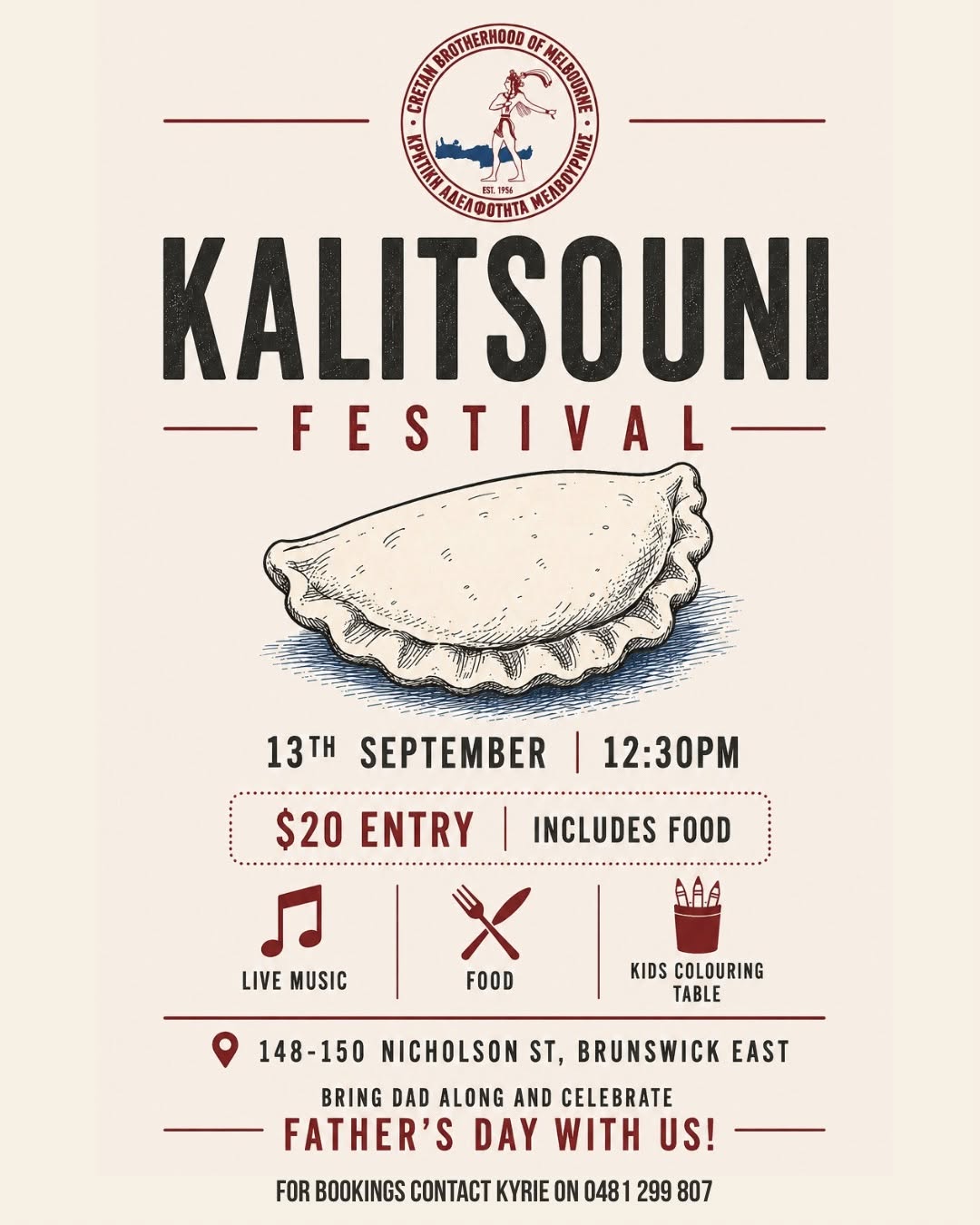 Poster for the Kalitsouni Festival in Melbourne featuring Cretan food, live music and family activities on September 13, 2026.