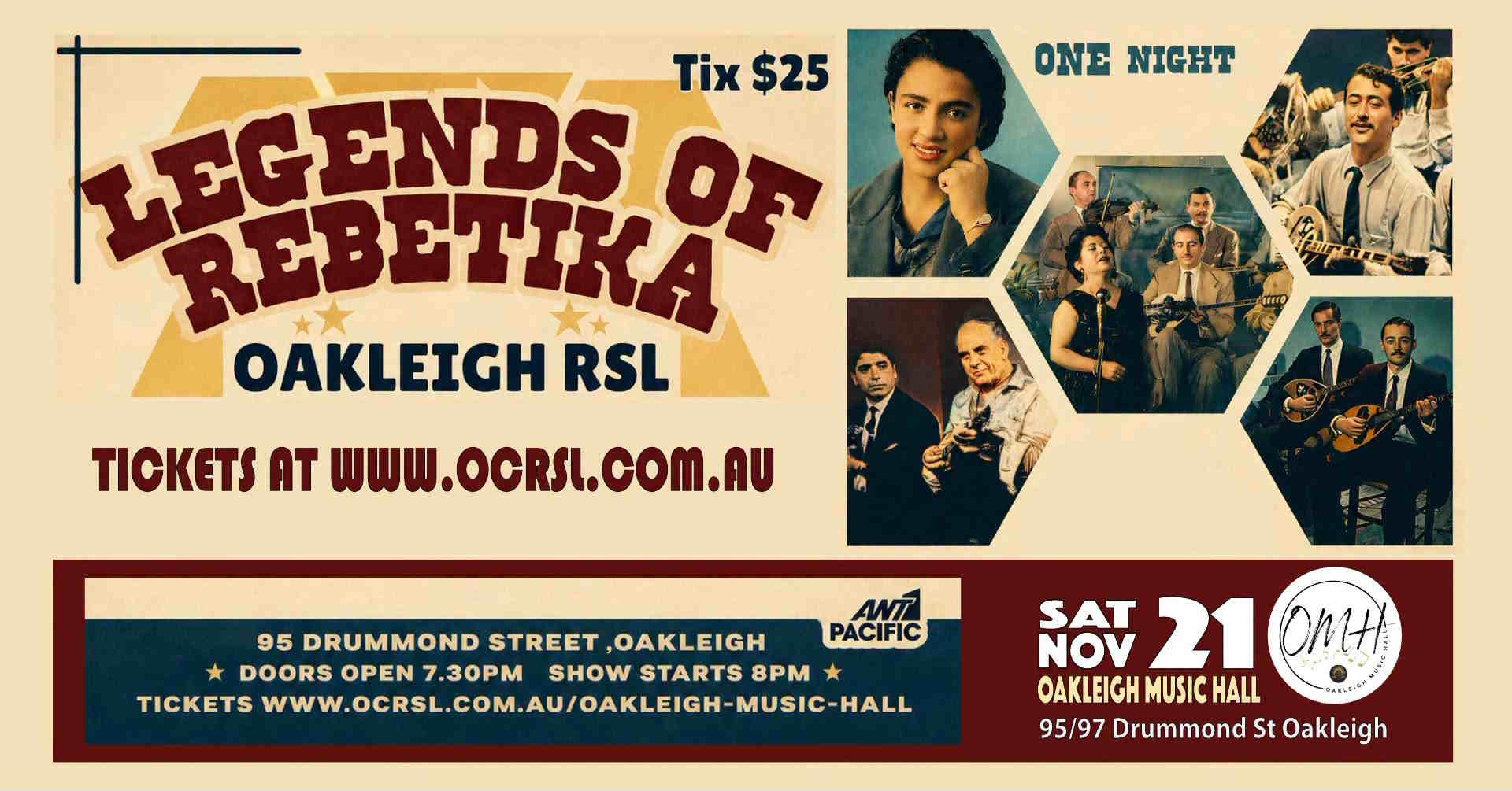 Legends of Rebetika Greek music performance at Oakleigh Music Hall in Melbourne