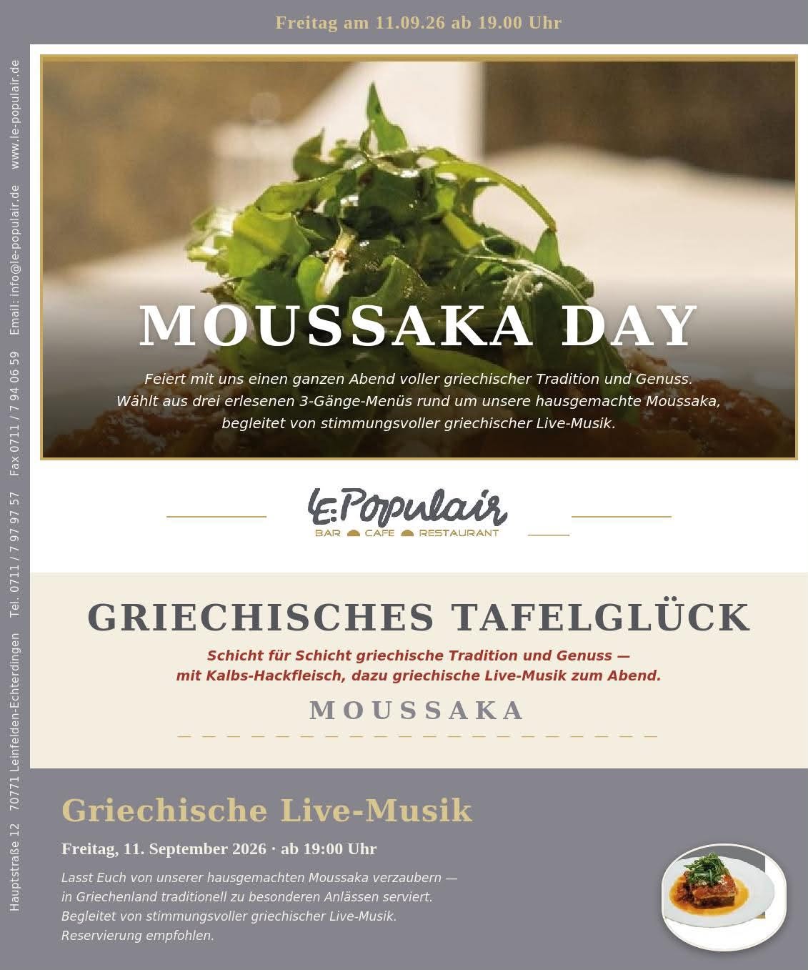 Moussaka Day with Greek live music at Le Populaire in Leinfelden-Echterdingen