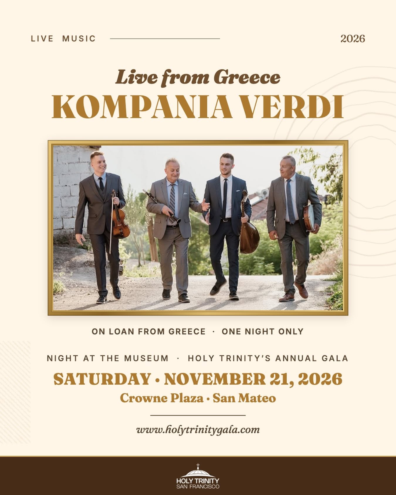 Night at the Museum Annual Gala in San Mateo featuring Kompania Verdi live from Greece on November 21, 2026.