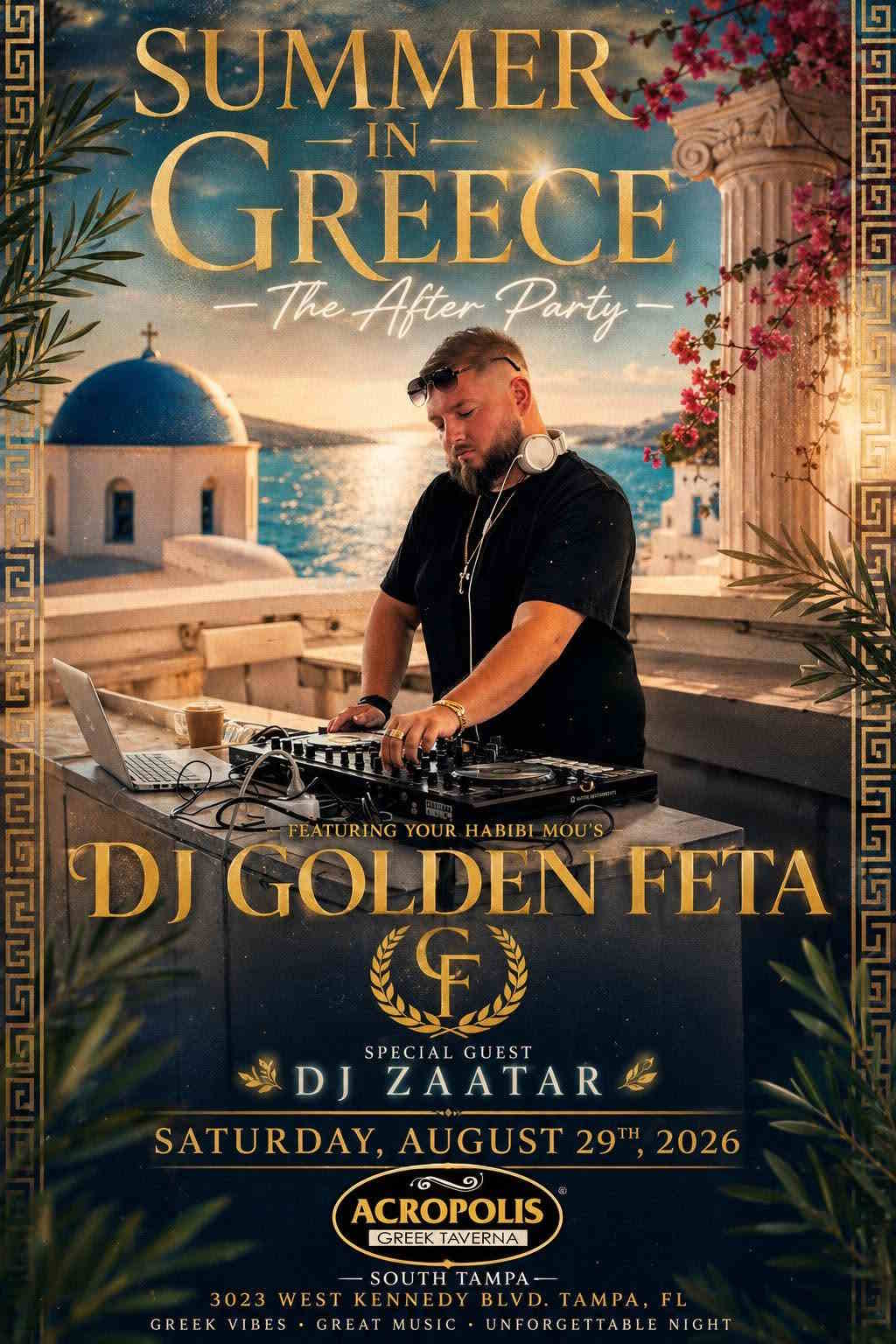 Poster for Summer in Greece – The After Party at Acropolis Greek Taverna in Tampa featuring DJ Golden Feta and DJ Zaatar.