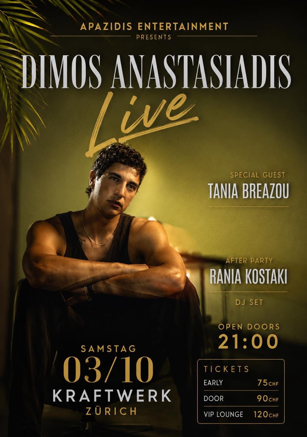 Dimos Anastasiadis live concert at Kraftwerk Zürich with Tania Breazou and DJ Rania Kostaki on 3 October 2026