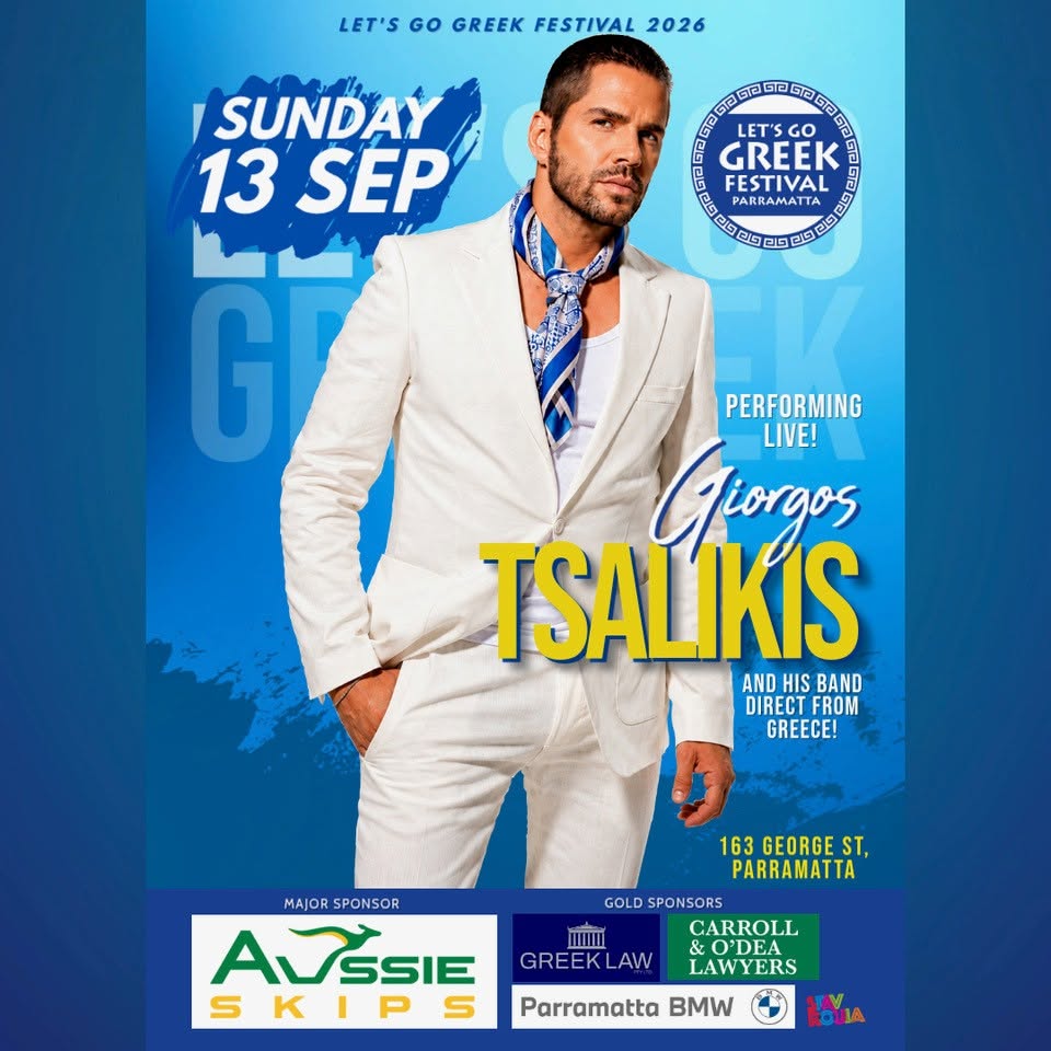 Poster for Giorgos Tsalikis performing live at Let’s Go Greek Festival in Parramatta, Sydney, on September 13, 2026.