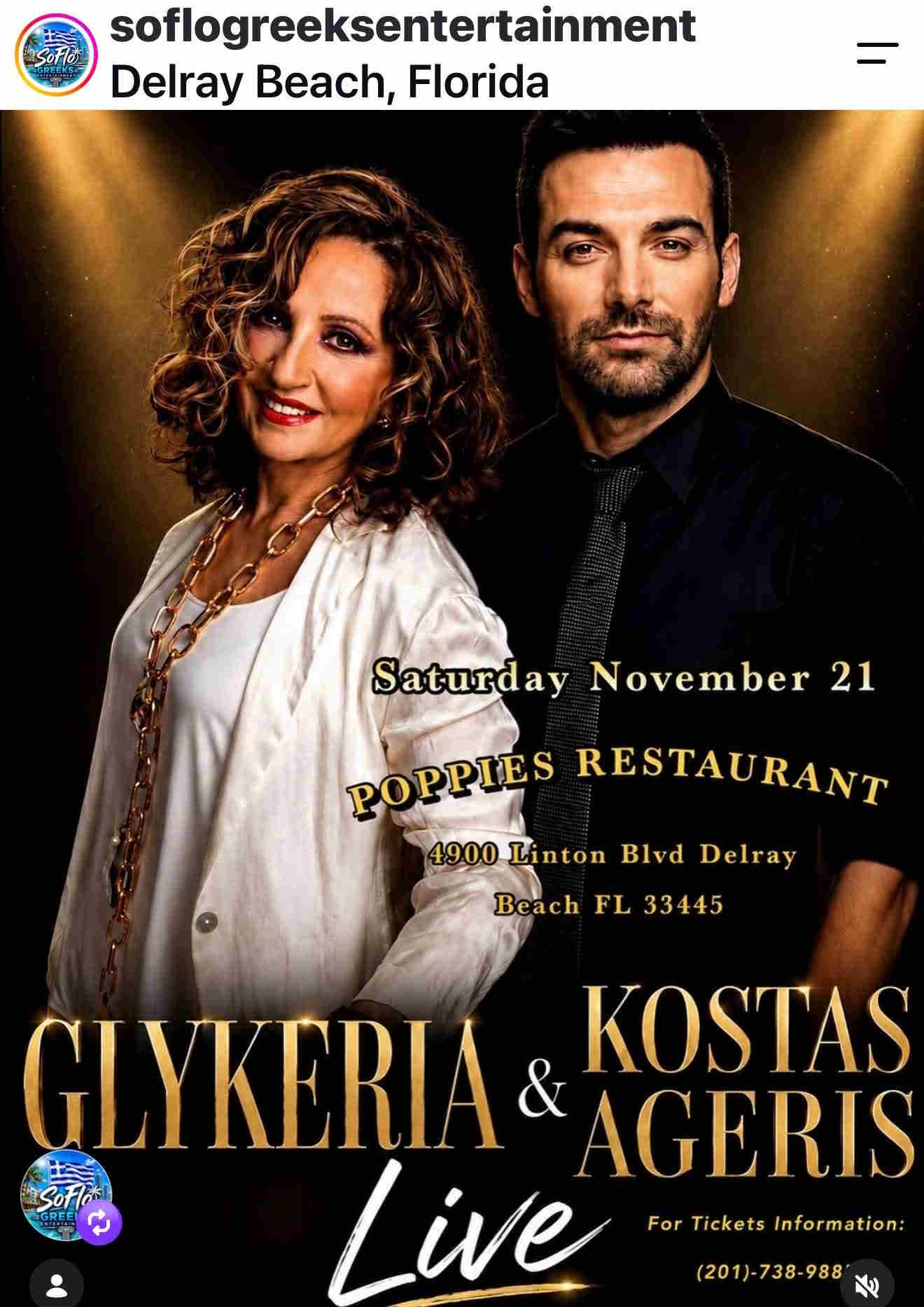 Poster for Glykeria and Kostas Ageris live performance at Poppies Restaurant in Delray Beach, Florida.