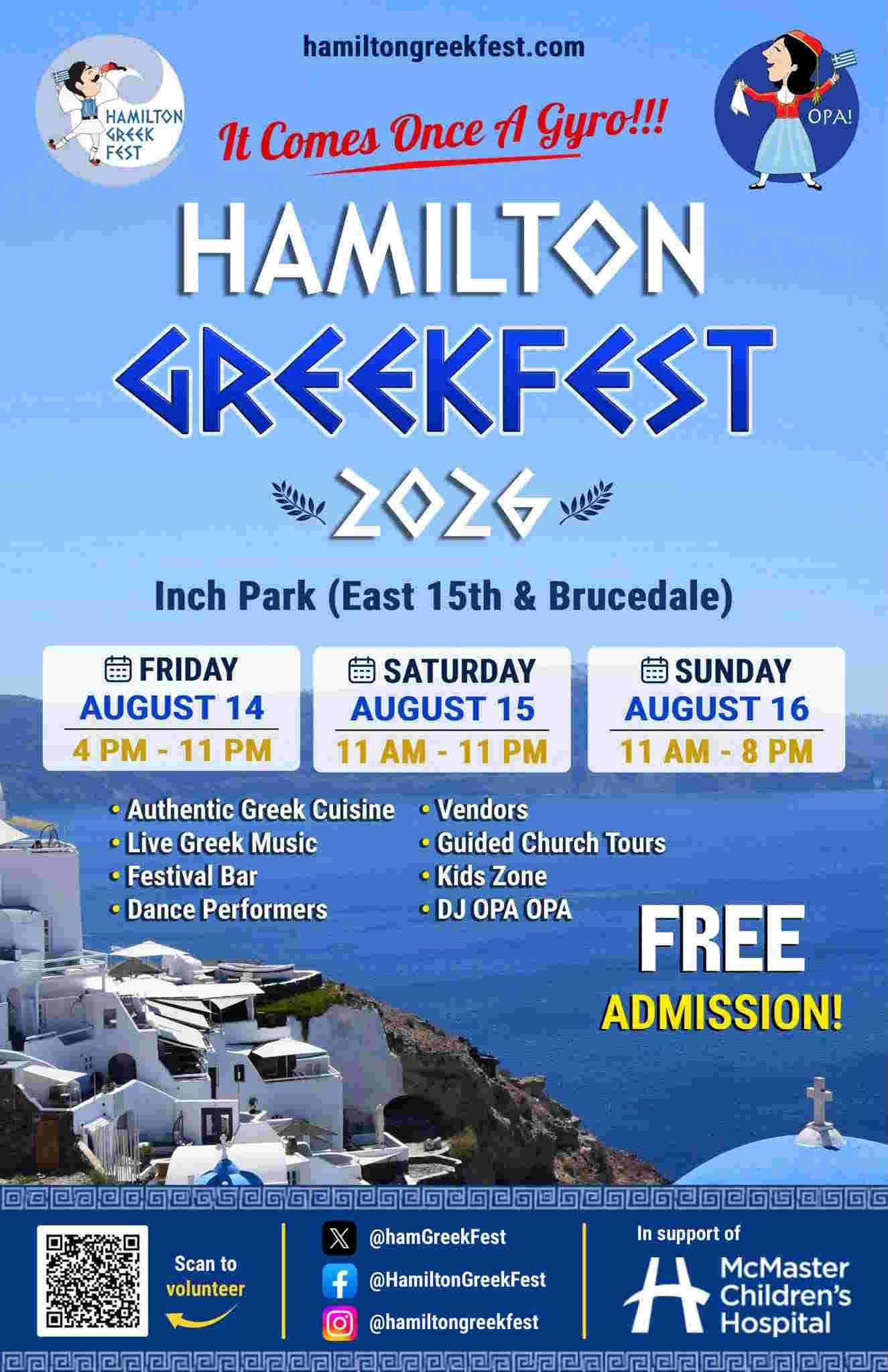 Hamilton Greek Fest 2026 at Inch Park featuring Greek food, live music, dance performances, vendors and family activities