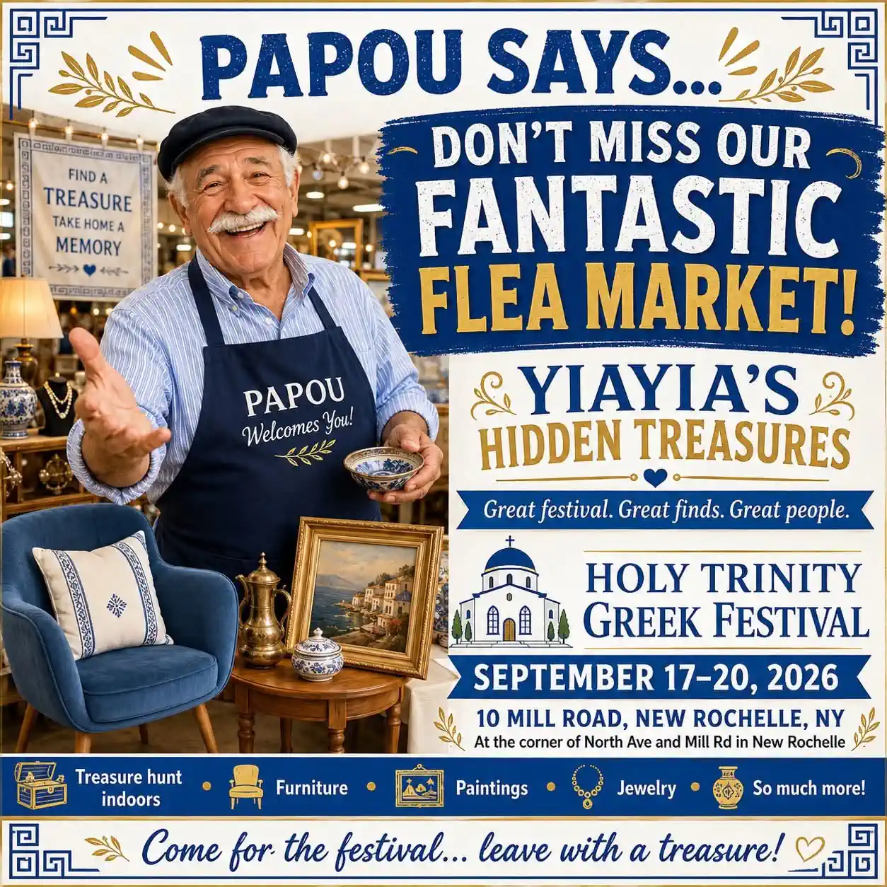 Poster for the Holy Trinity Greek Festival Flea Market in New Rochelle, New York, held September 17–20, 2026.
