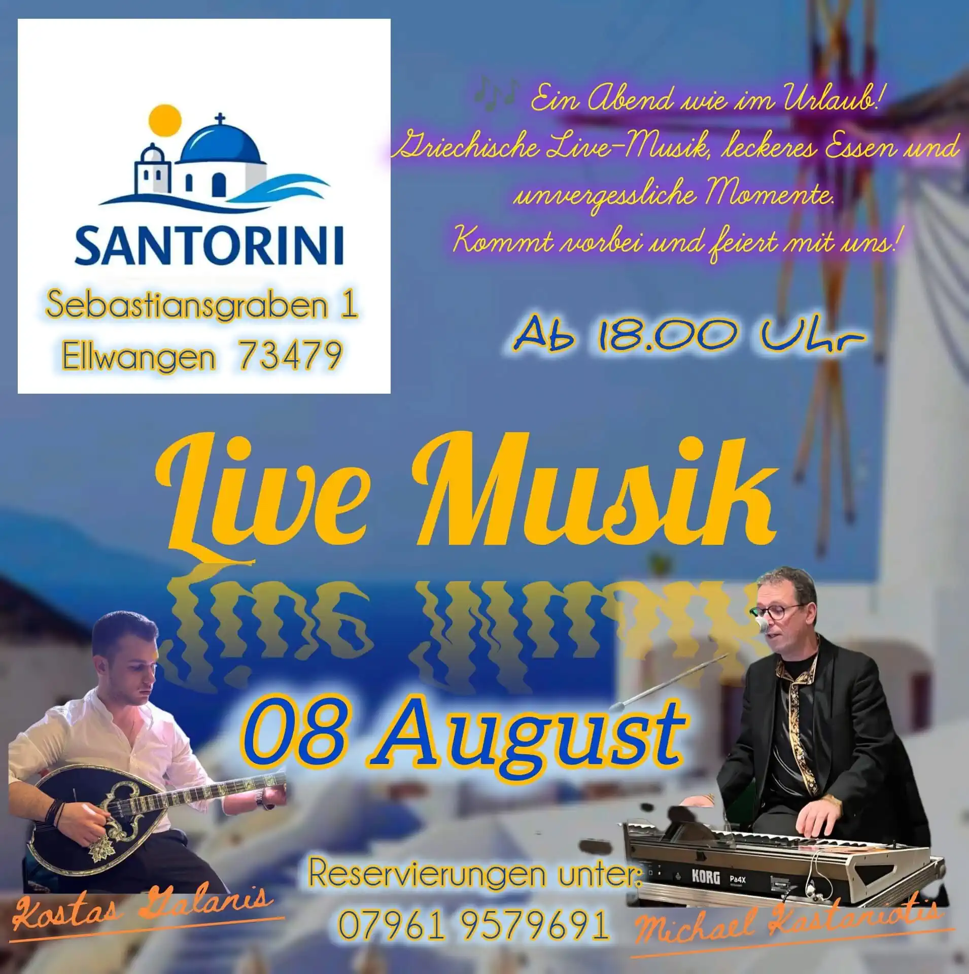Poster for a Live Greek Music evening at Santorini Restaurant in Ellwangen featuring Kostas Galanis and Michael Kustariotis.