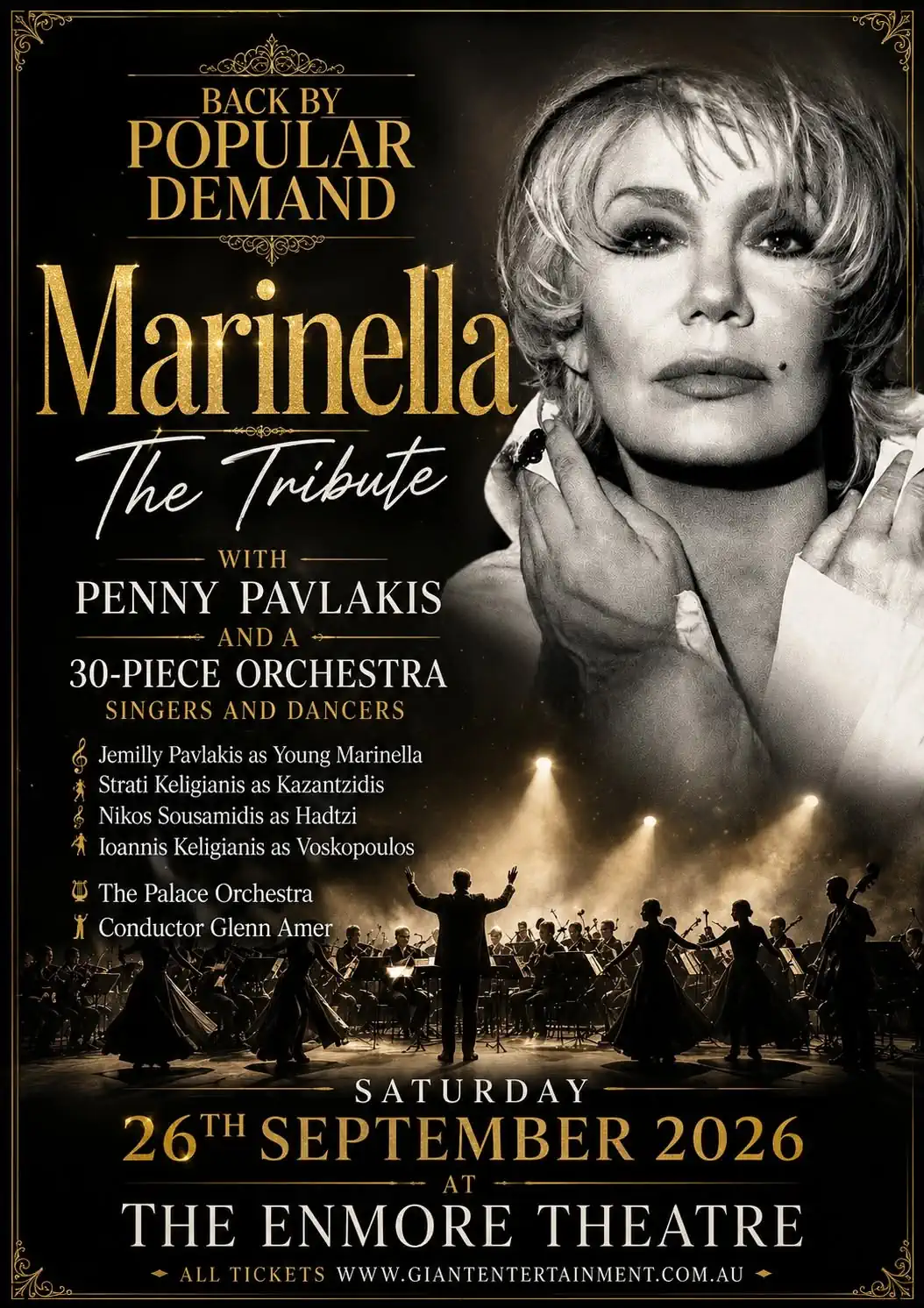 Poster for Marinella – The Tribute in Sydney featuring Penny Pavlakis and a 30-piece orchestra at The Enmore Theatre on 26 September 2026.