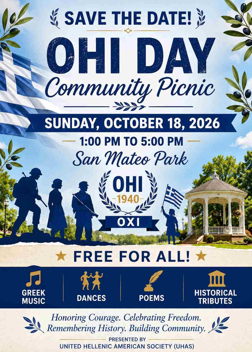 Poster for the OHI Day Community Picnic in San Mateo featuring Greek music, traditional dances, poetry and historical tributes on 18 October 2026.