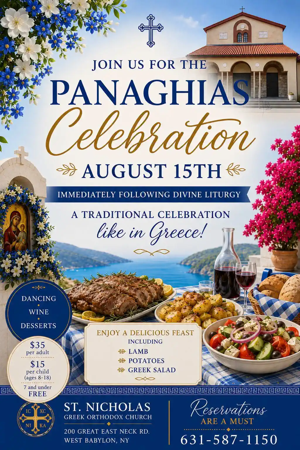 Poster for the Panaghia Celebration at St. Nicholas Greek Orthodox Church in West Babylon featuring a traditional Greek feast and community celebration.