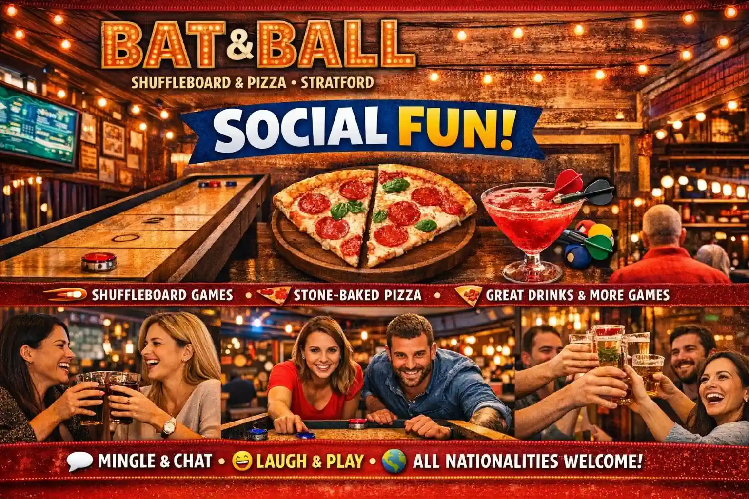 Poster for the Shuffleboard Social Fun & Pizza event in London at Bat & Ball Stratford on 23 August 2026.