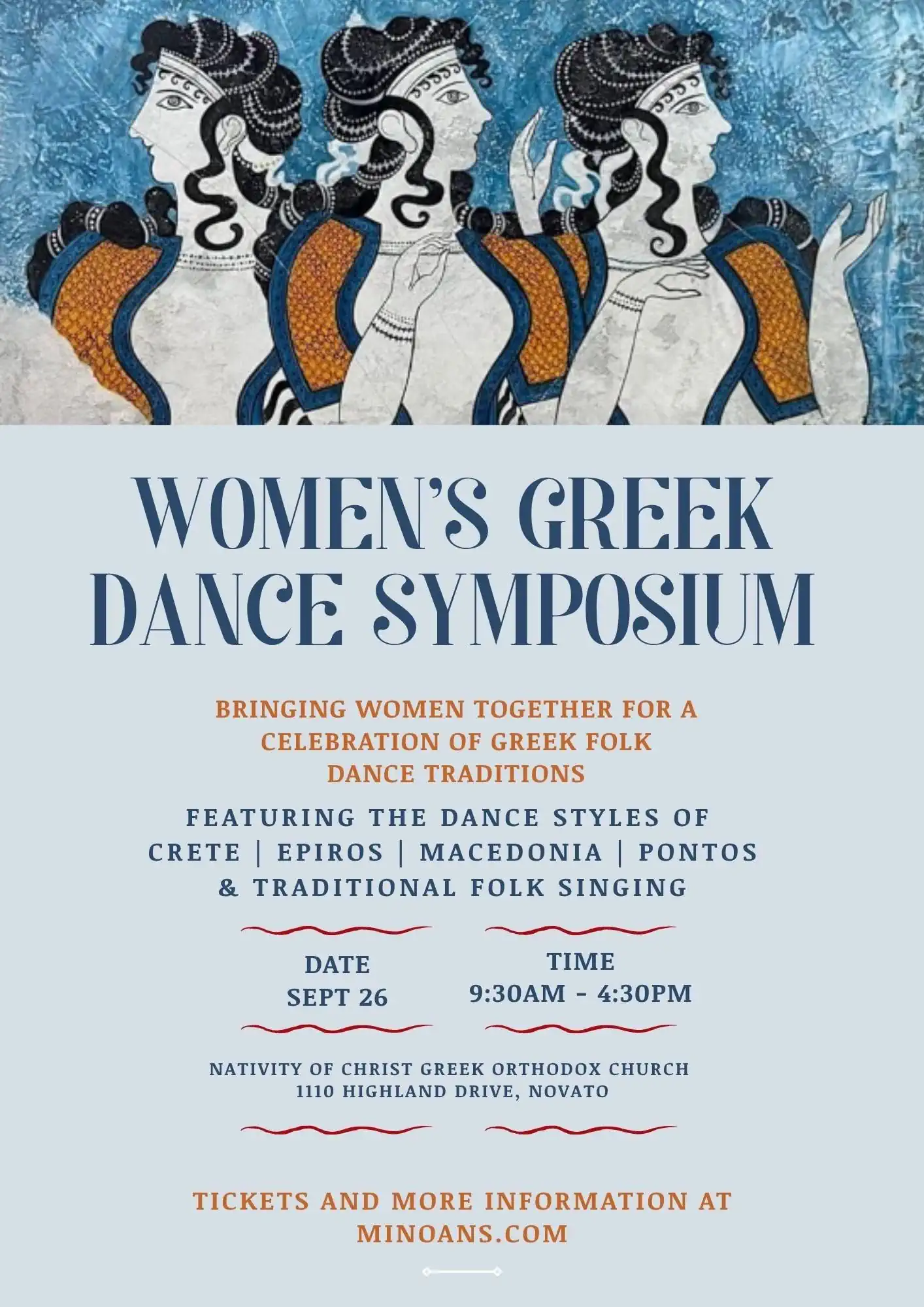 Poster for the Women's Greek Dance Symposium in Novato celebrating Greek folk dance traditions and cultural heritage.