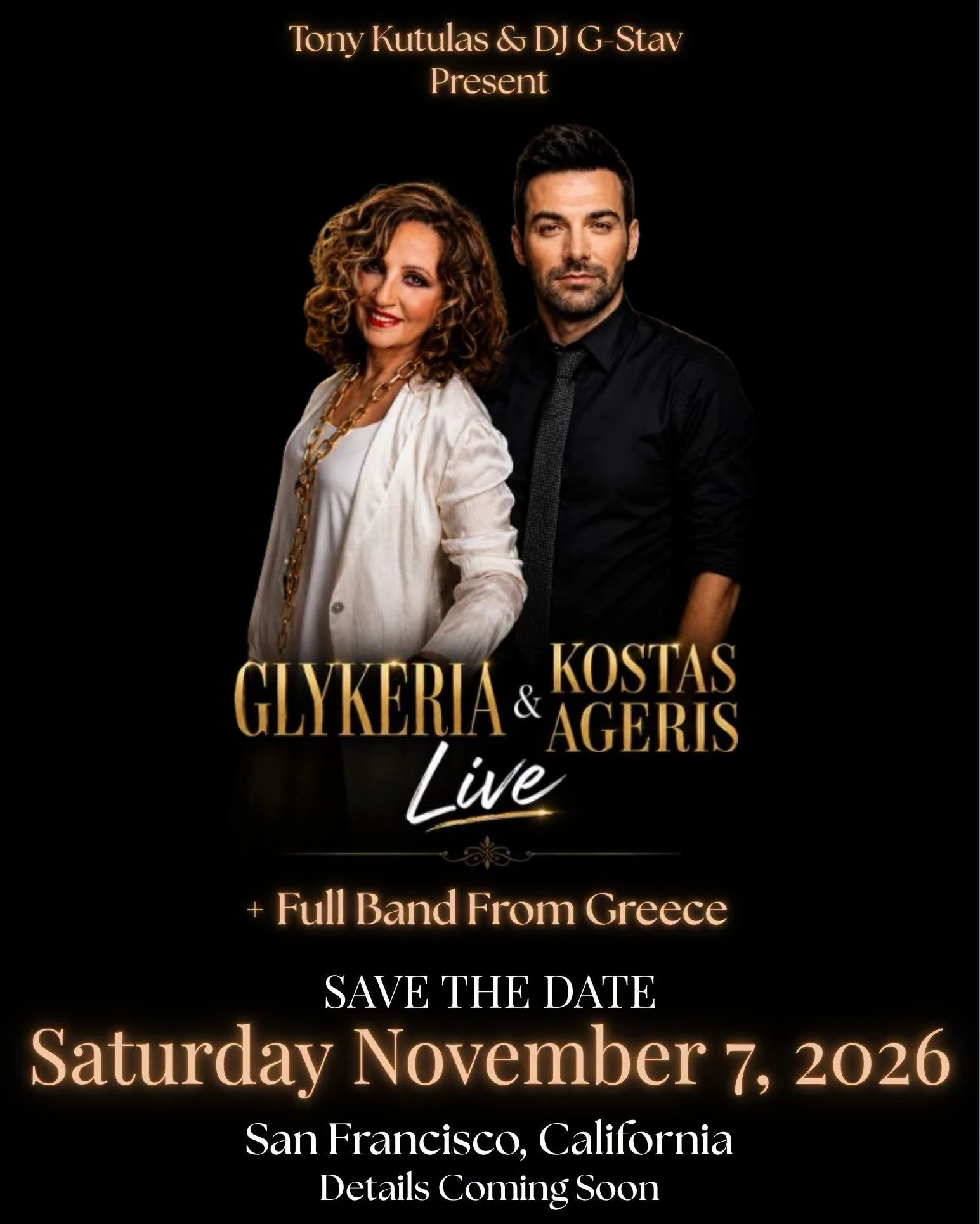 Glykeria and Kostas Ageris live with a full band from Greece in San Francisco on November 7, 2026