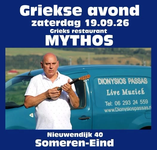 Greek Night with live music by Dionysios Passas at Mythos in Someren-Eind on September 19, 2026