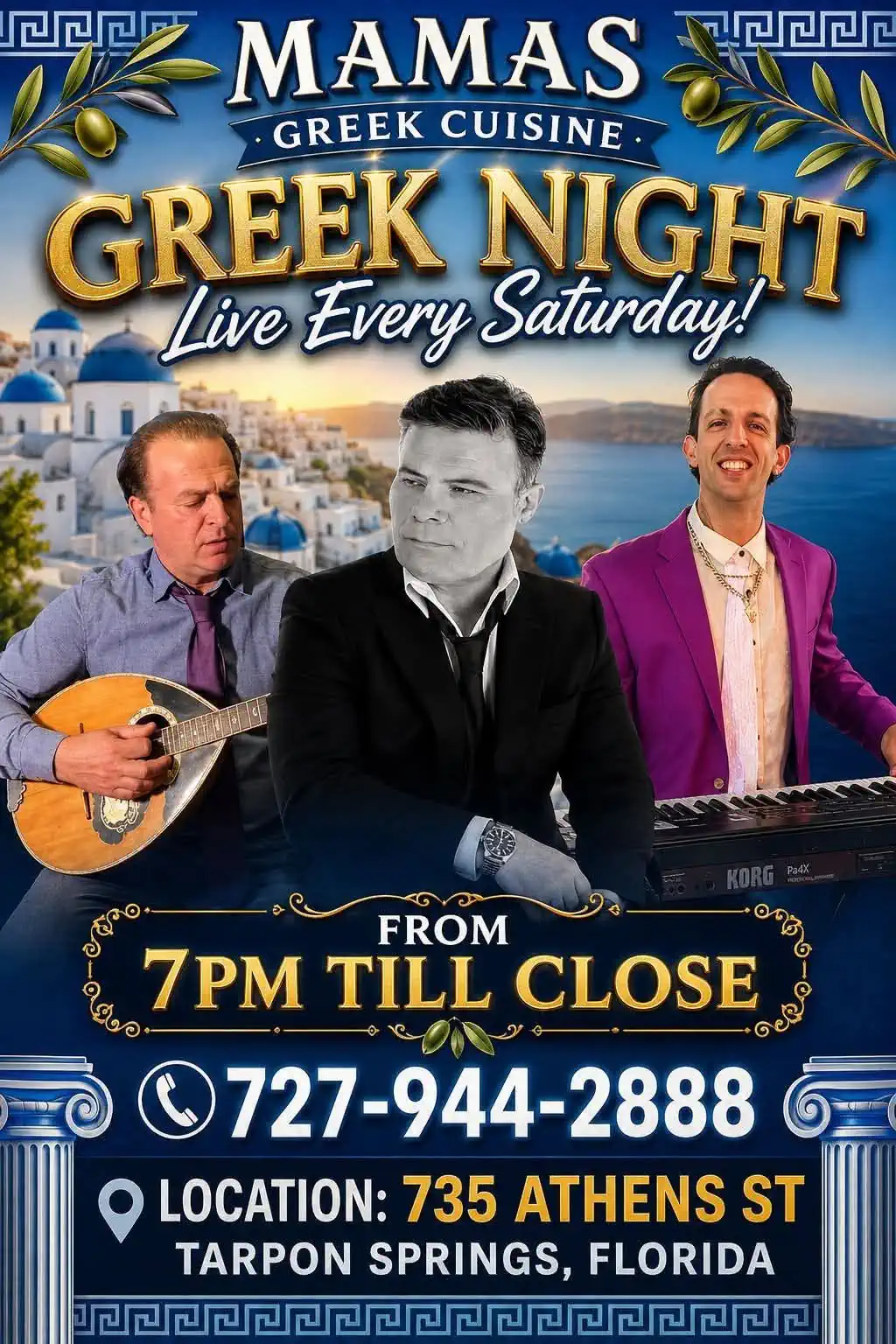 Mamas Greek Night with live Greek music every Saturday at Mamas Greek Cuisine in Tarpon Springs, Florida