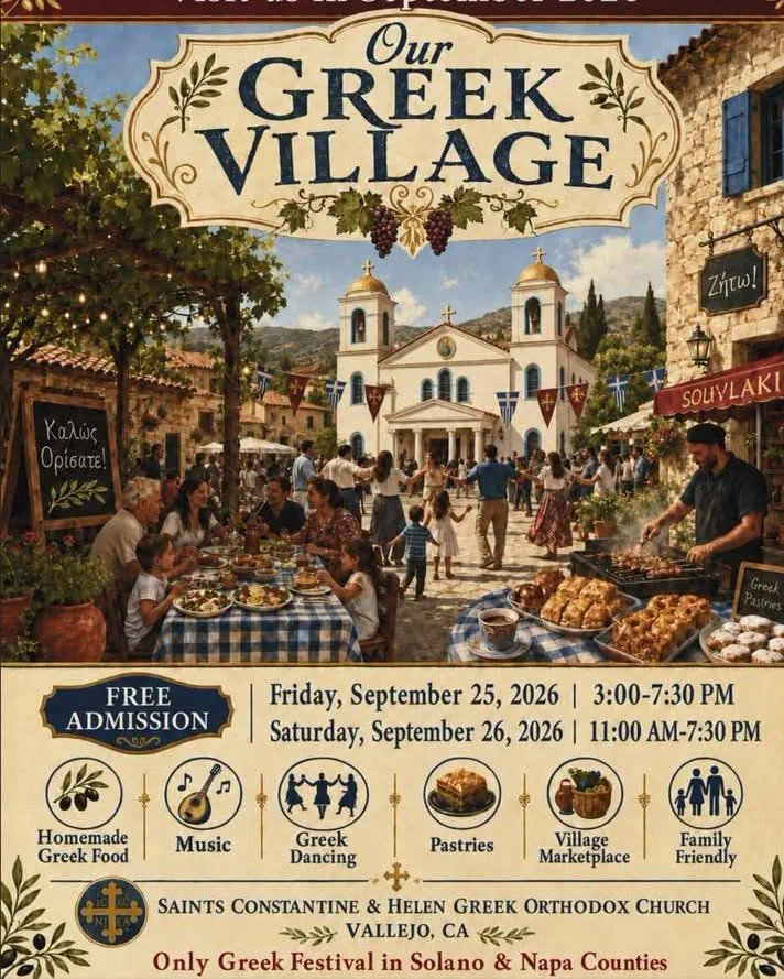 Our Greek Village festival at Saints Constantine and Helen Greek Orthodox Church in Vallejo, September 25–26, 2026