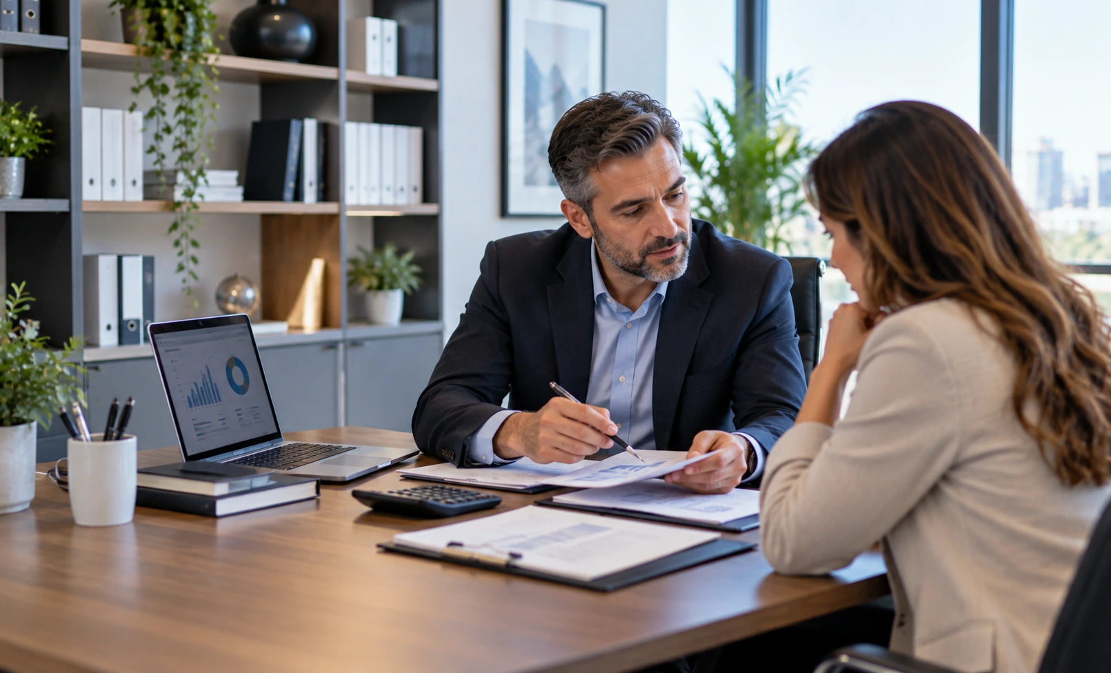 Accountant reviewing financial documents with a business client in a professional office