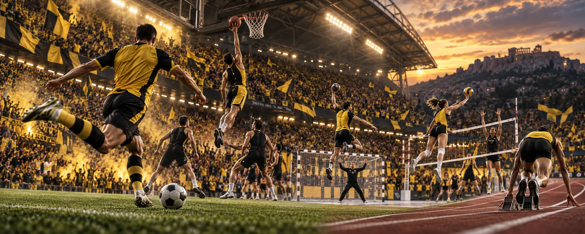AI-generated AEK sports cover with yellow and black supporters and athletes from multiple sports
